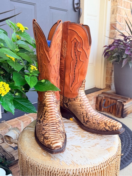 Lucchese Shoes - RARE Lucchese Python Snakeskin Brown Leather Pull On Snip Toe Cowboy Boots 8